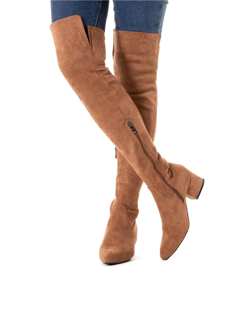 Over-the-Knee Suede Block Heel Boots - Brown